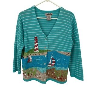 Timberlea Lighthouse Beaded Cardigan Teal Blue Small Granny Cottage Core